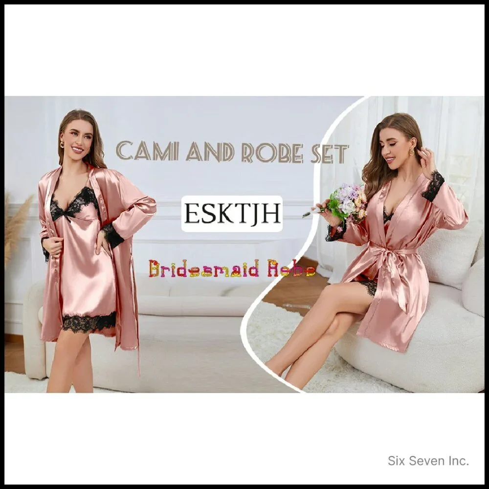 Silk Lingerie Robe Nightgown Set Sexy Lace V Neck Satin Sleepwear Elegant